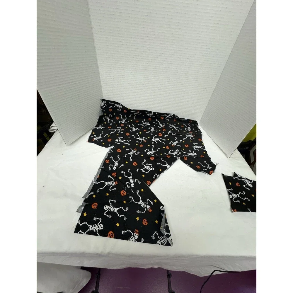 Halloween Cotton Fabric Pieces- Dancing Skeletons & Pumpkins on Black